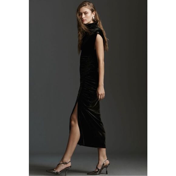 NEW Anthropologie Maya Black Ruched Cowl-Neck Velvet Side-Slit Lined Maxi Dress - Picture 4 of 7